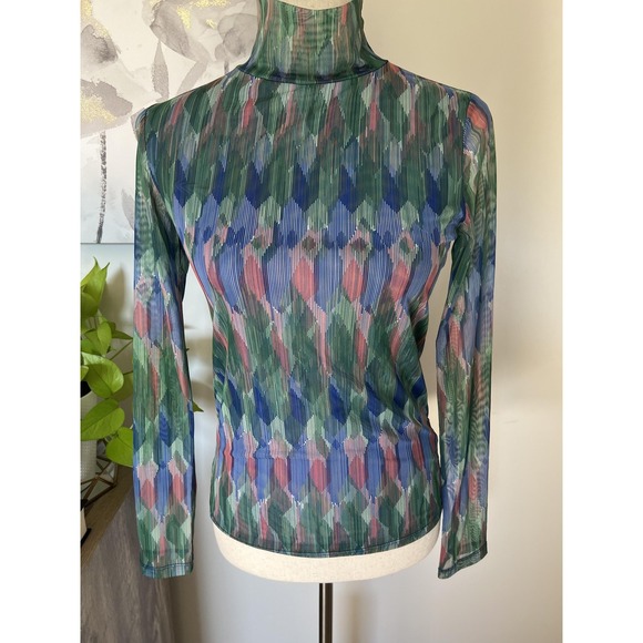 Anthropologie Tops - Anthropologie Top Womens XS Green Mesh Turtleneck Sheer Geometric‎ Print Boho